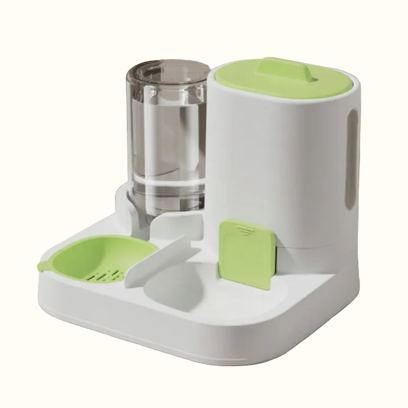 Pet feeder and water dispenser with green accents on a gray surface