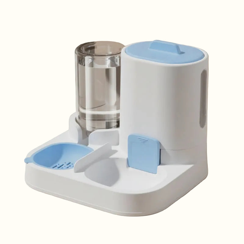 Pet feeder and water dispenser with blue accents on a gray background