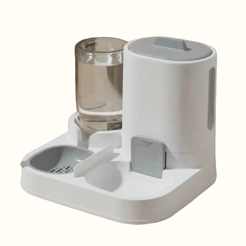 Pet water and food dispenser on a gray surface with a gray background