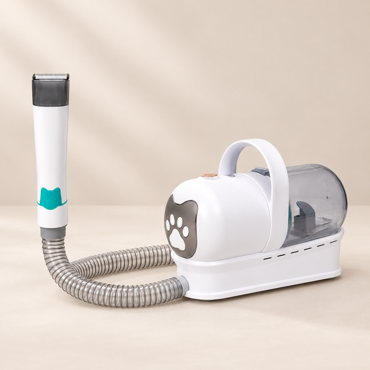 PAWLY pet hair trimmer with vacuum and seven grooming attachments