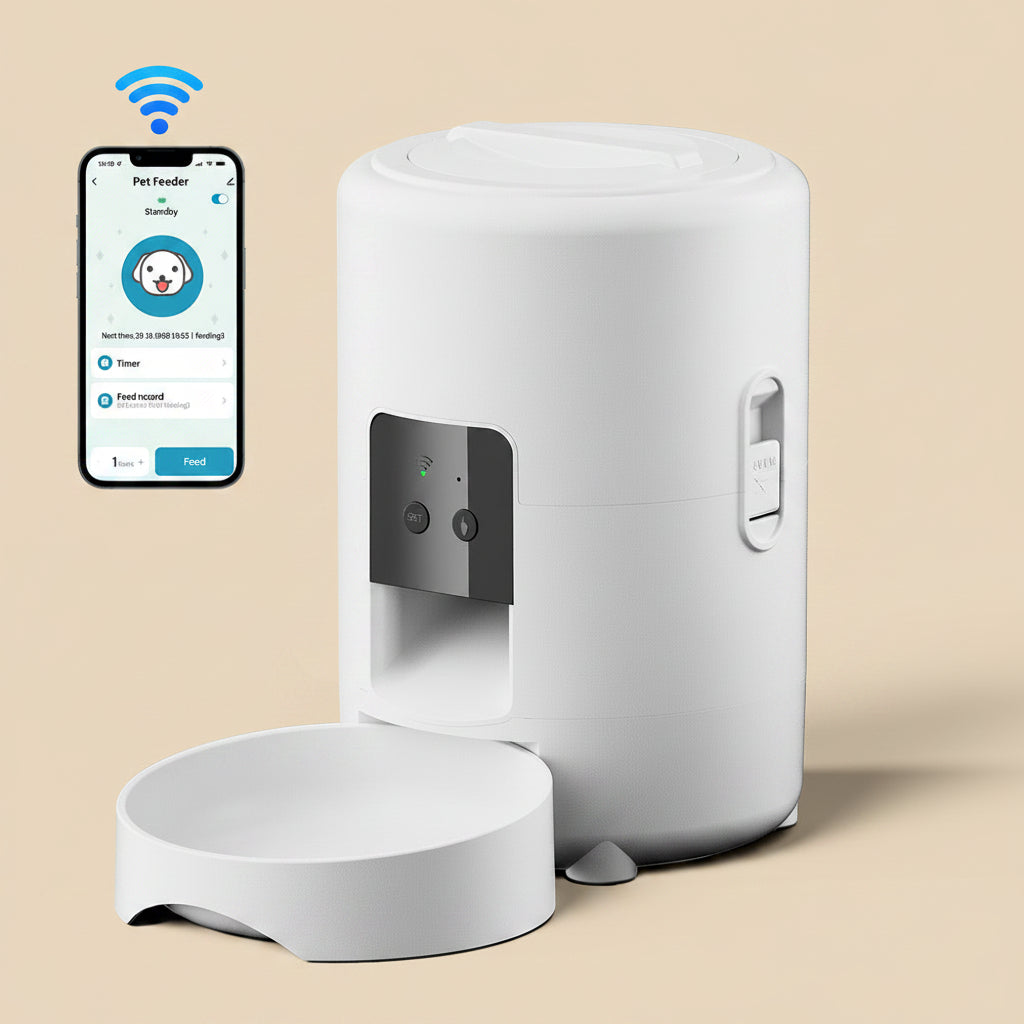 White pet feeder with smartphone app interface on a beige background
