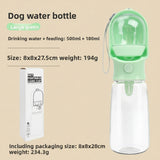 Green dog water bottle with packaging on a white background