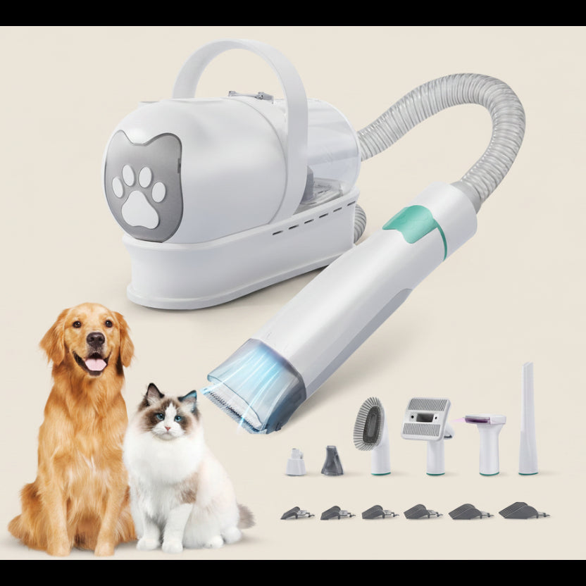 Pet grooming tool with attachments and two pets on a white background