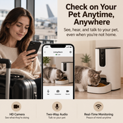 A pet monitoring and feeding system shown in a home setting with a woman on a phone, a smartphone screen displaying a live pet feed, and a smart feeder and pet bowl. Text highlights features like checking on your pet anytime, HD camera, two-way audio, and real-time monitoring.