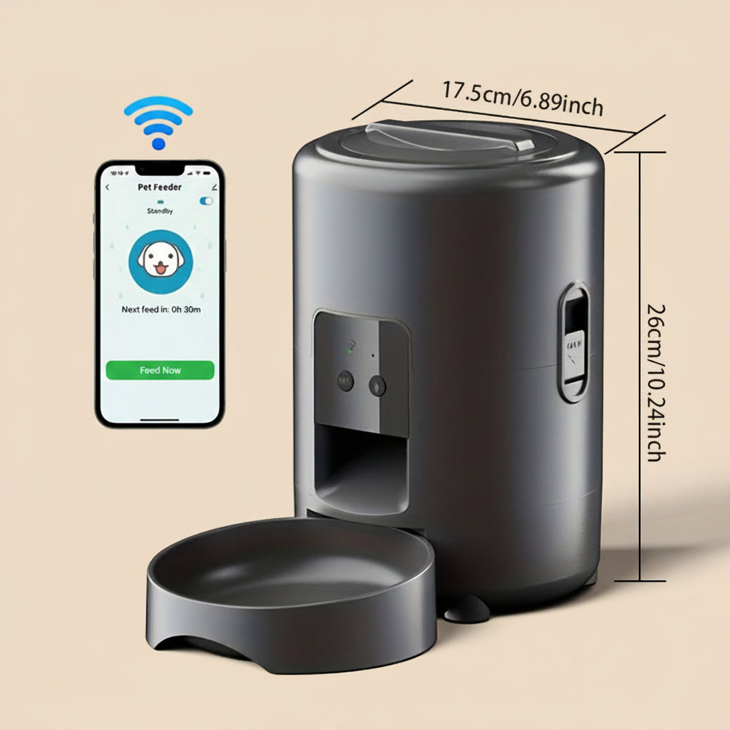 Smart pet feeder with app interface and dimensions displayed