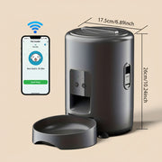 Smart pet feeder with app interface and dimensions displayed