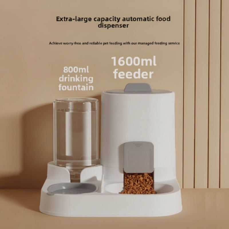 Pet feeding and drinking station with text on capacity and features.