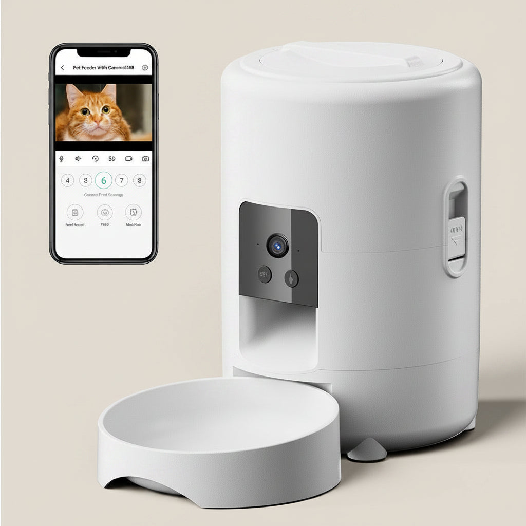 White pet feeder with camera and smartphone displaying app interface on a white background