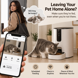 Smart pet feeder and pet camera promotional graphic showing a woman holding a phone with a live pet feed, a gray cat eating from a bowl, and text about leaving your pet home alone with feature icons for scheduled feeding, check-in anytime, and peace of mind.