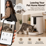 Smart pet feeder and pet camera promotional graphic showing a woman holding a phone with a live pet feed, a gray cat eating from a bowl, and text about leaving your pet home alone with feature icons for scheduled feeding, check-in anytime, and peace of mind.