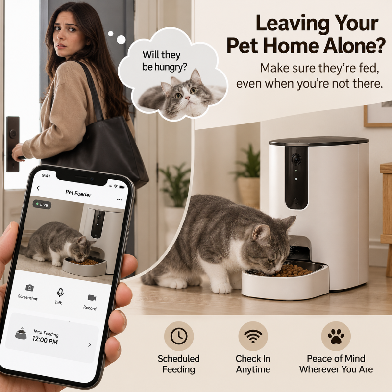 Smart pet feeder and pet camera promotional graphic showing a woman holding a phone with a live pet feed, a gray cat eating from a bowl, and text about leaving your pet home alone with feature icons for scheduled feeding, check-in anytime, and peace of mind.