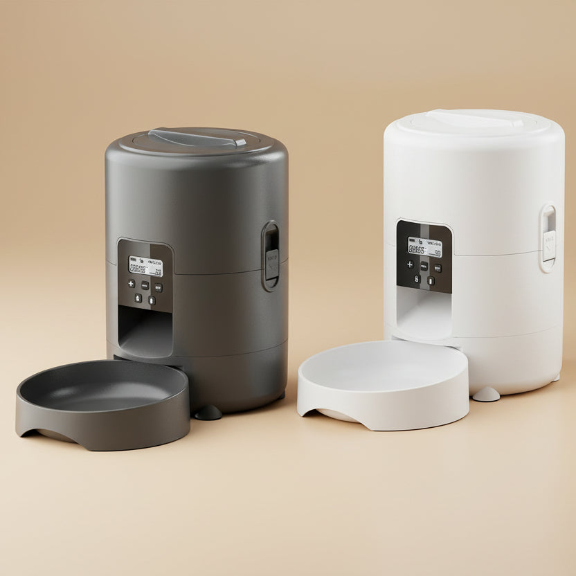 Two pet feeders, one black and one white, on a white background