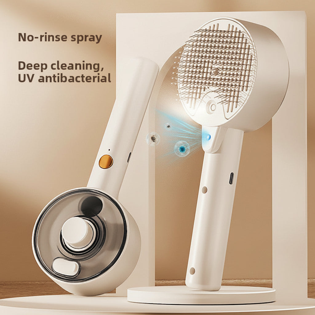 A white handheld shower head and matching stand are shown on a clean studio background with marketing text reading 'No-rinse spray', 'Deep cleaning', and 'UV antibacterial'. The shower head is angled to show the spray face and the stand is visible behind it.