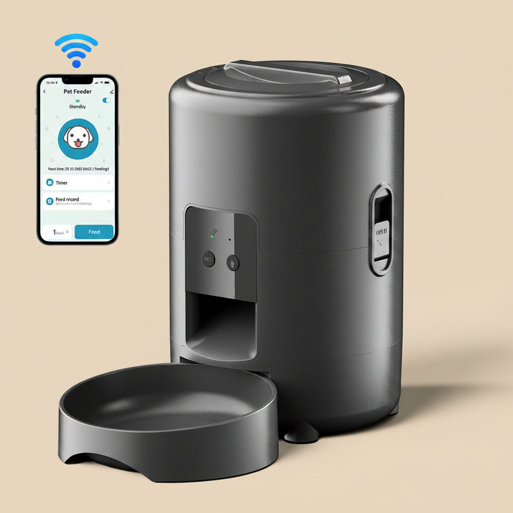 Smart pet feeder with app on smartphone display on a white background