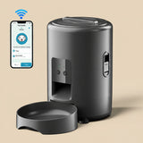 Smart pet feeder with app on smartphone display on a white background