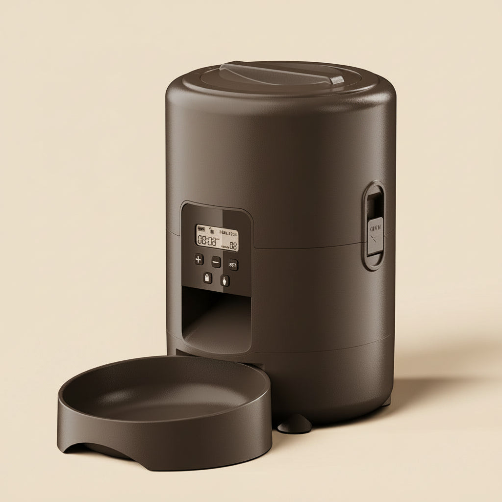 Black pet feeder with digital display on a white background