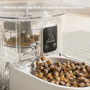 Dog food dispenser with pet food inside, featuring an 'Intelligent Pet Food' label.