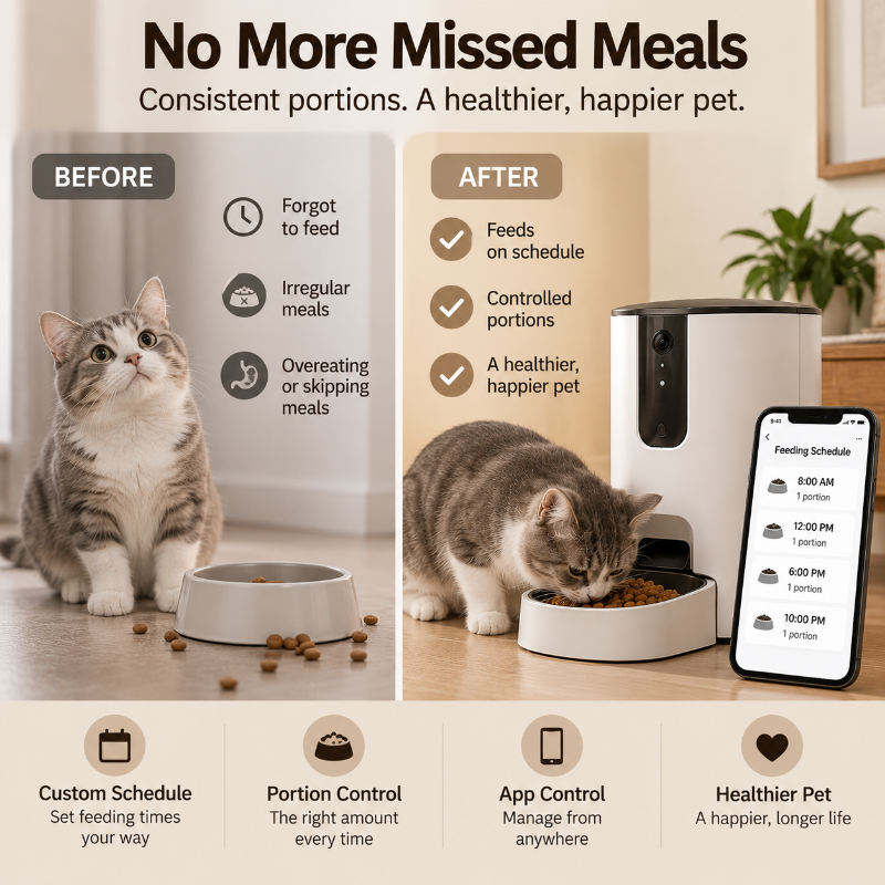 Promotional graphic for a smart pet feeder showing a gray tabby cat in a home setting, with before-and-after meal timing comparisons, text benefits, and a smartphone app screen. The product appears to be the automated feeder and phone app interface, but the image is primarily an ad-style infographic rather than a clean product-only shot.