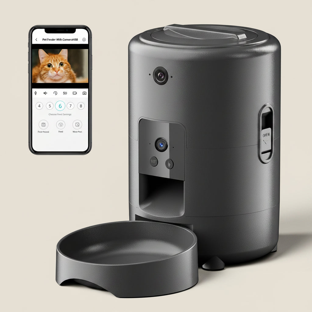 Pet feeder with app on smartphone displaying a cat, on a white background