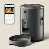 Pet feeder with app on smartphone displaying a cat, on a white background