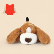 Plush dog toy with a red tag on a white background