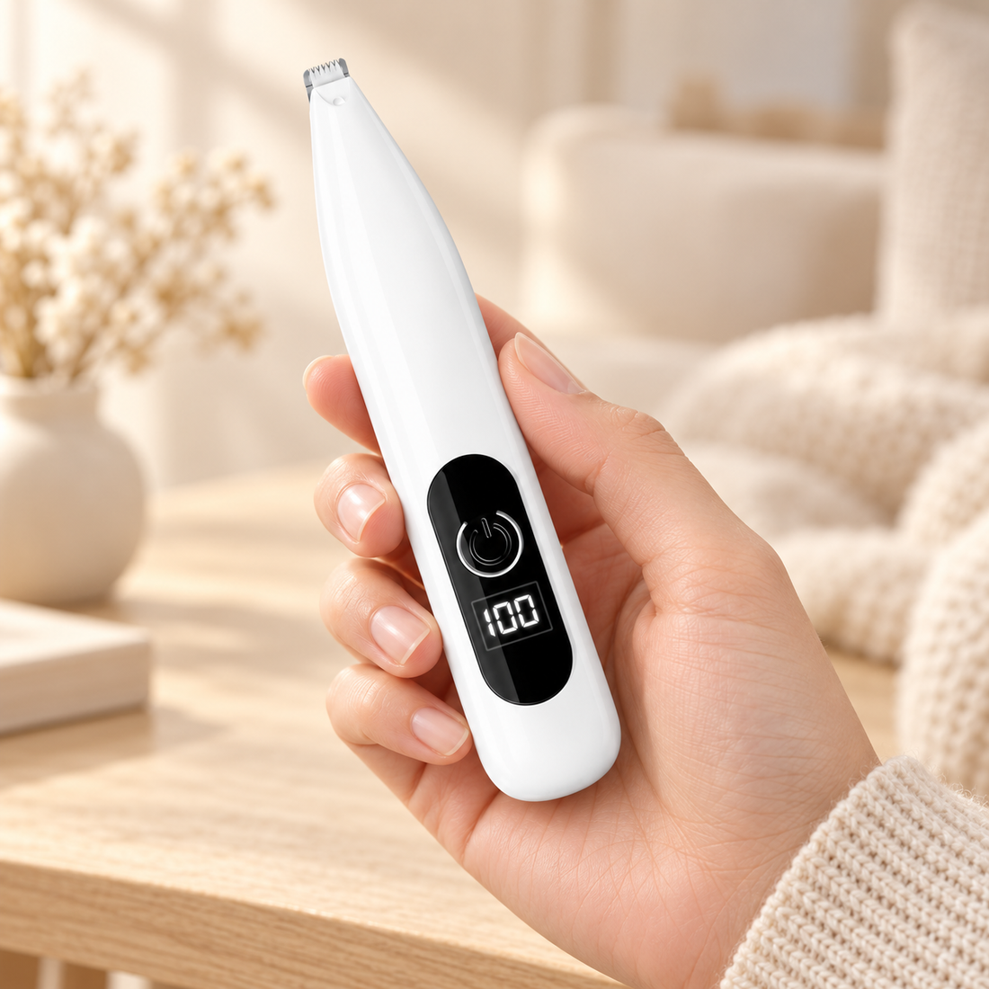 A hand holding a white electric trimmer with a black digital display screen, set against a warm, softly blurred indoor background.