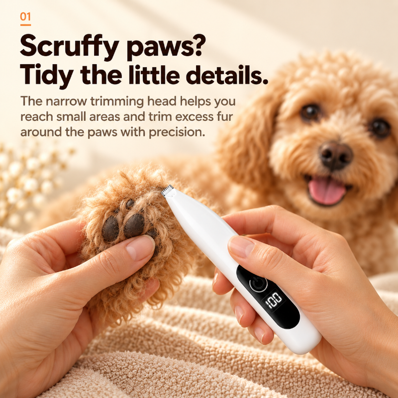 A pet nail trimmer being used on a small dog's paw, with a real dog and human hands visible in a warm indoor setting. Text on the image explains the trimmer's narrow head for precise paw trimming.