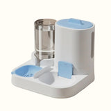 Pet feeder and water dispenser with blue accents on a gray background