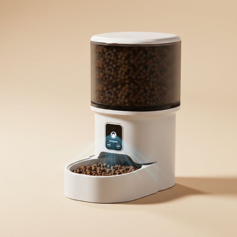 Pet smart feeder with text highlighting features on a gray background