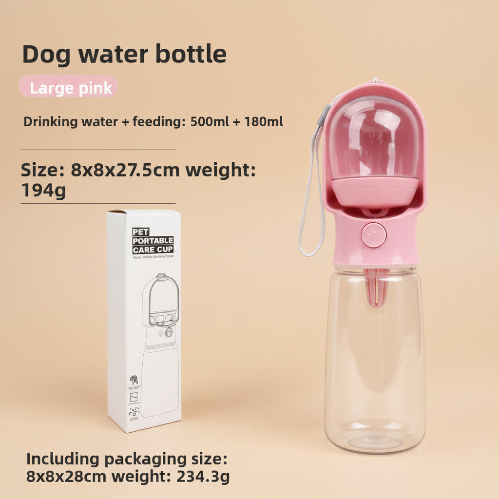 Pink dog water bottle with packaging on a white background