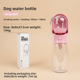 Pink dog water bottle with packaging on a white background