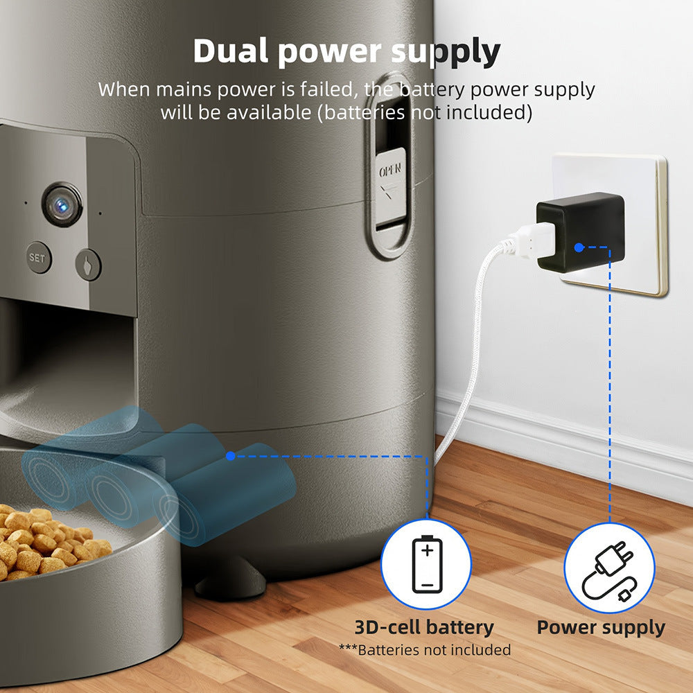 Pet food dispenser with dual power supply system on a wooden floor.